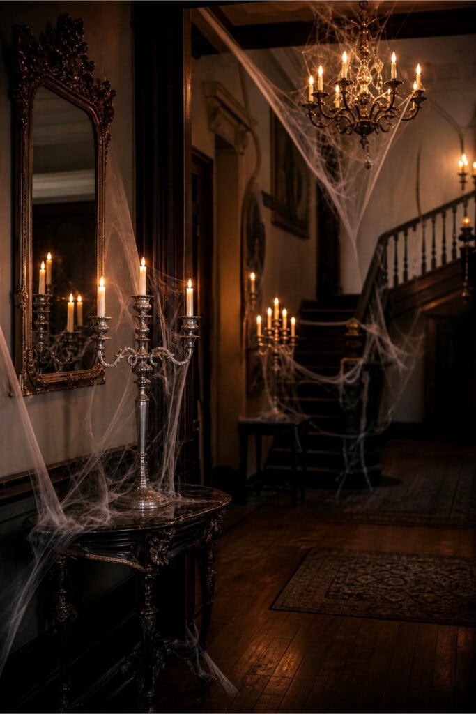 An entryway lit by silver candelabras with candles and decorated with fake cobwebs draped around the space.