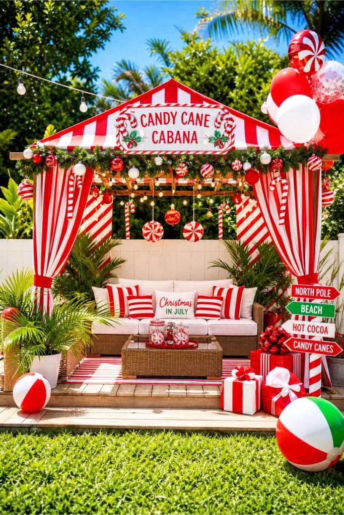 A red-and-white striped cabana decorated for a Christmas in July party in a sunny backyard.
