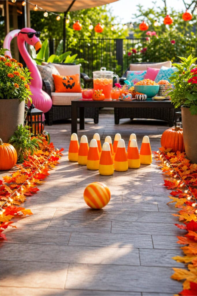 Outdoor patio with candy corn arranged like bowling pins and a ball rolling towards them, surrounded by summer and Halloween-themed decorations.