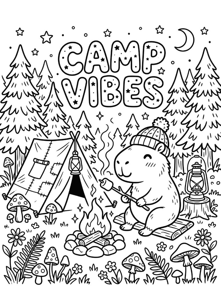 Cute capybara camping coloring page with a capybara relaxing beside a tent and campfire.
