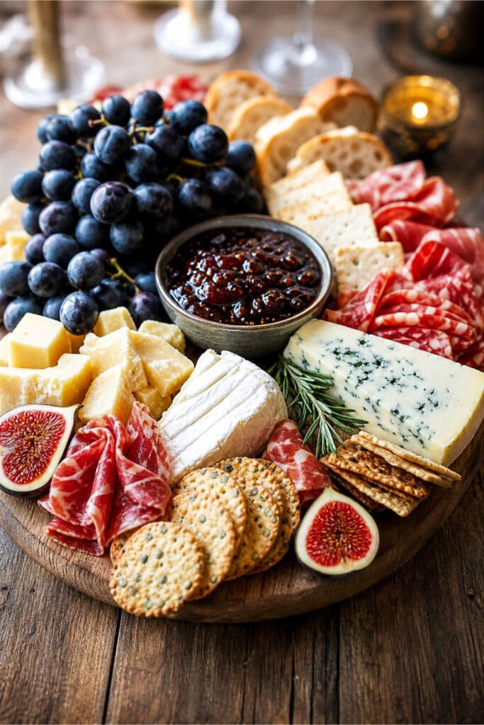 A charcuterie board with black grapes, fig jam, cheeses, cured meats, and crackers on a wooden surface.
