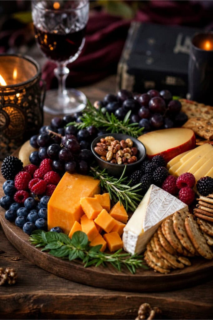 A charcuterie board with dark grapes, mixed berries, and various cheeses arranged on a wooden table.