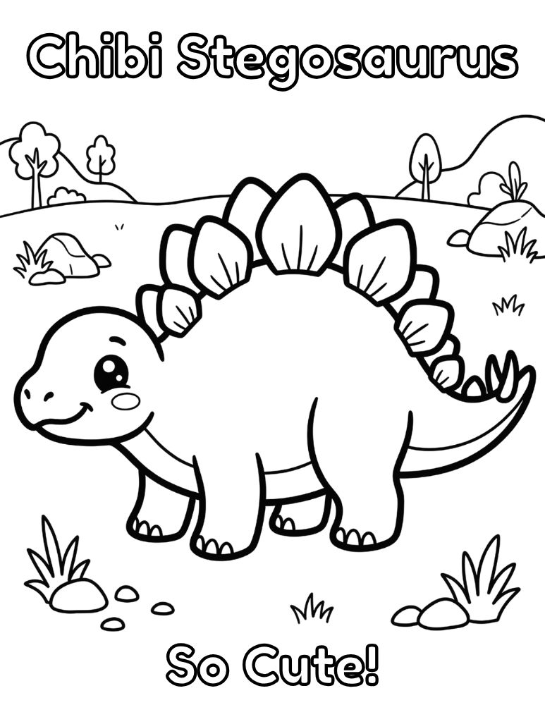Chibi-style Stegosaurus dinosaur coloring page.