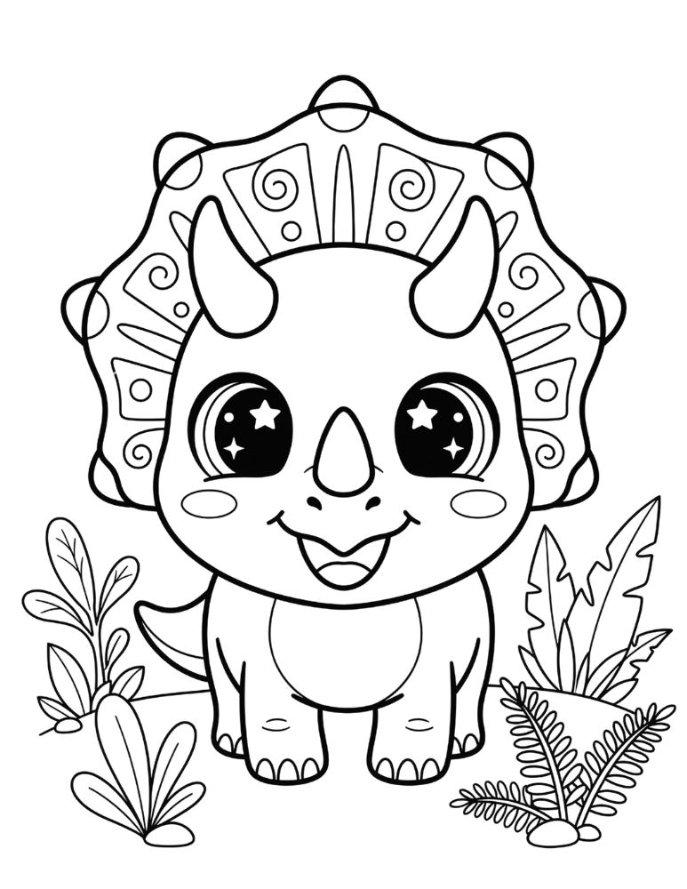 Chibi-style Triceratops dinosaur coloring page.