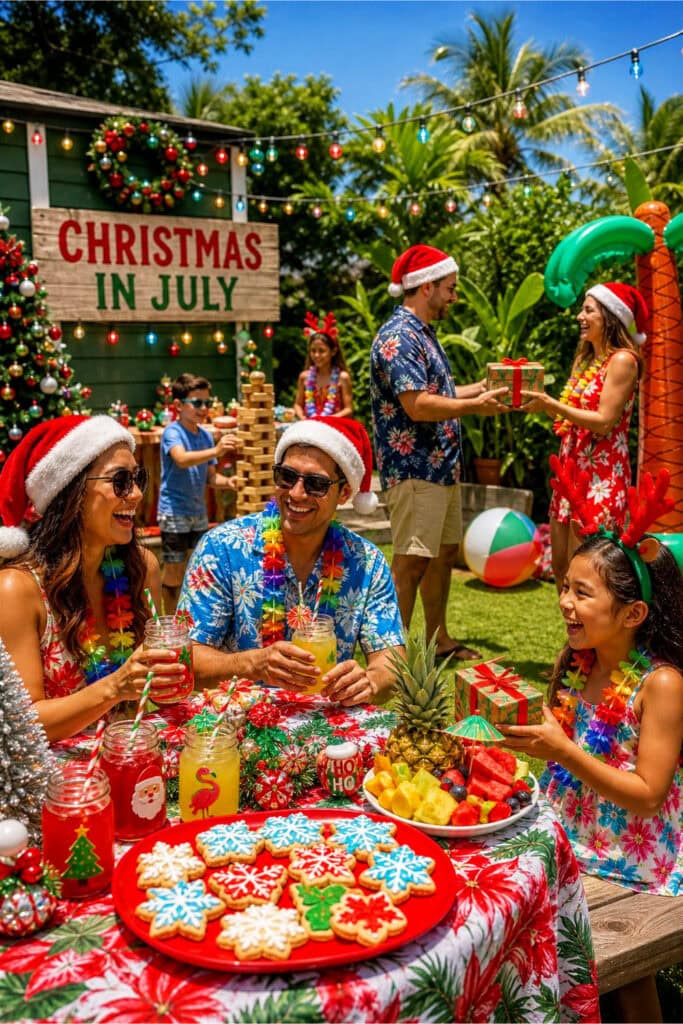 A group of people celebrating a Christmas in July party outdoors with summer and Christmas decorations, enjoying food and games in a sunny backyard.