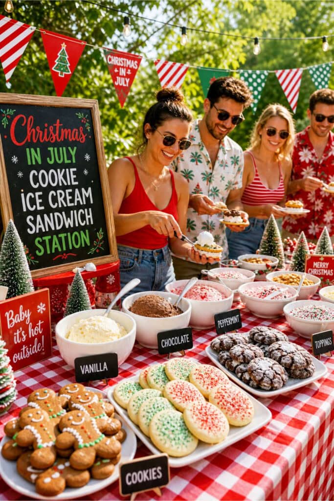 A festive outdoor table with Christmas-themed cookies and ice cream for making ice cream sandwiches, surrounded by summer greenery and people enjoying the party.