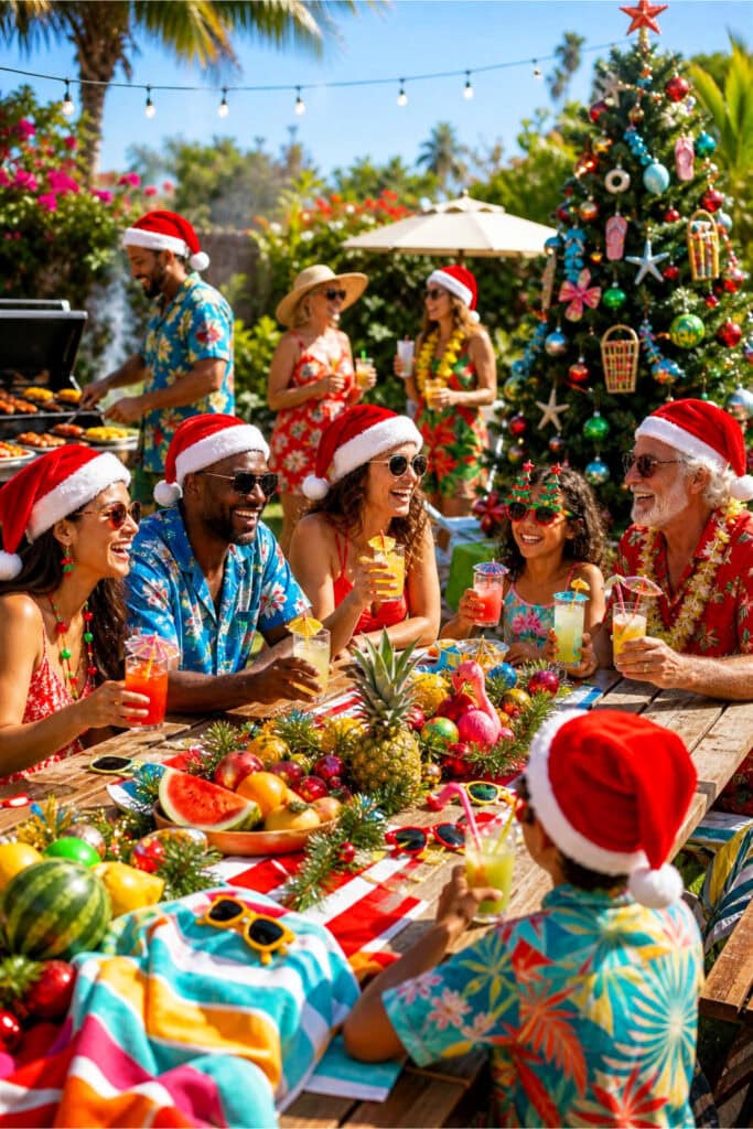 People enjoying a sunny outdoor Christmas in July party with festive decorations, tropical fruits, and summer attire.