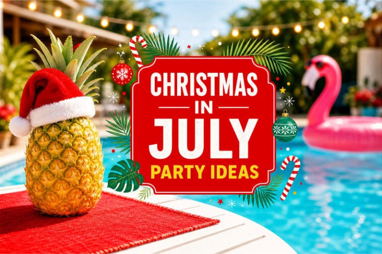 A bright, sunlit backyard scene with a turquoise pool. A single pineapple wearing a mini Santa hat sits on a white table with a red runner. In the background: soft blur of string lights and a flamingo float. Center Text Overlay (on a bold red block): CHRISTMAS IN JULY PARTY IDEAS