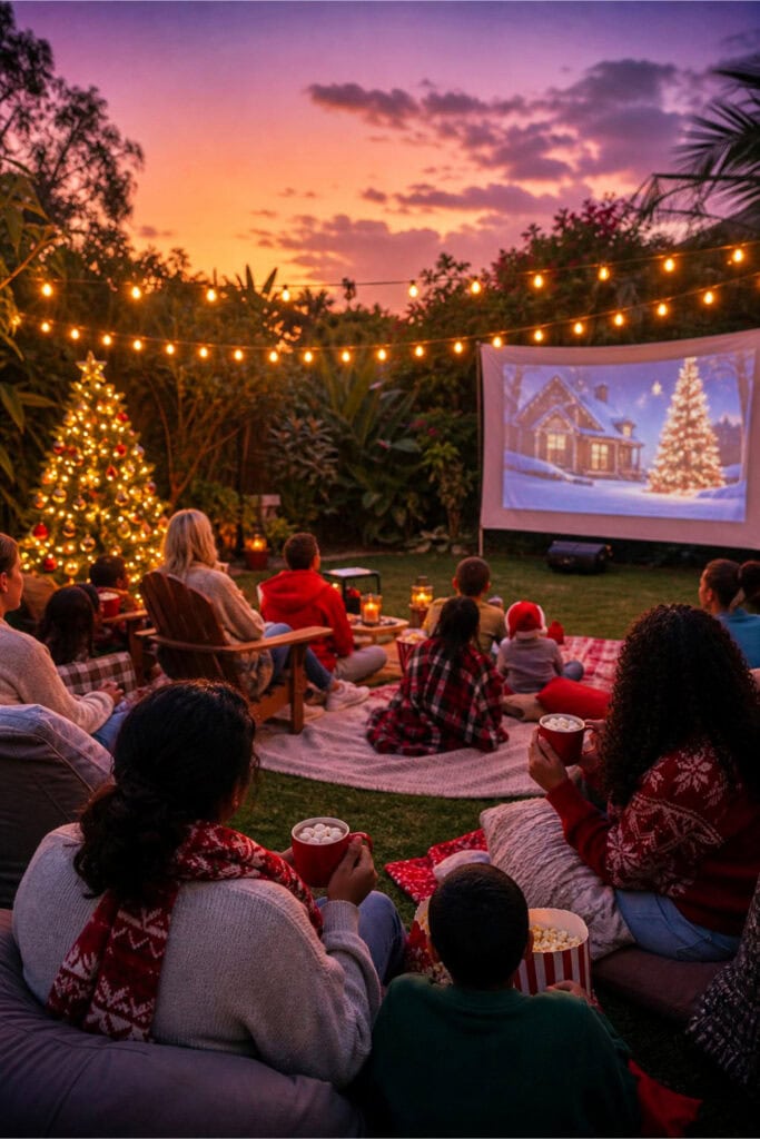 People watching a Christmas movie outdoors at dusk with a projector screen, string lights, and a decorated Christmas tree.