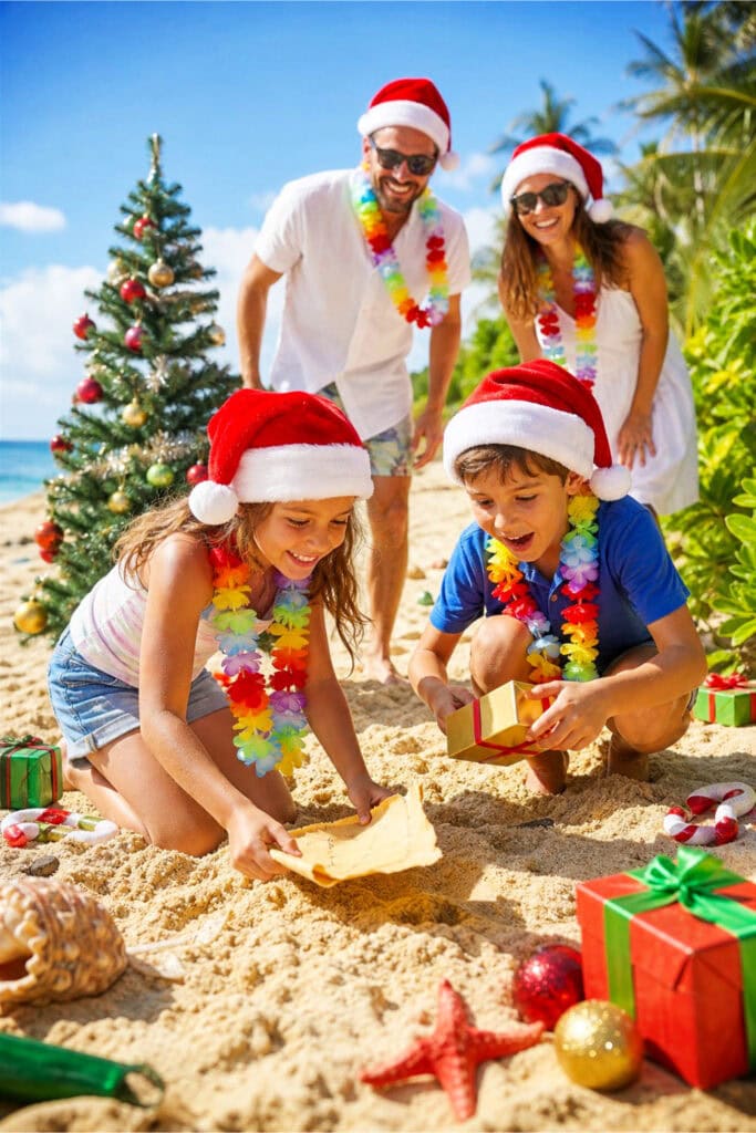 People enjoying a Christmas treasure hunt outdoors on a sunny beach or backyard with hidden gifts and festive decorations.