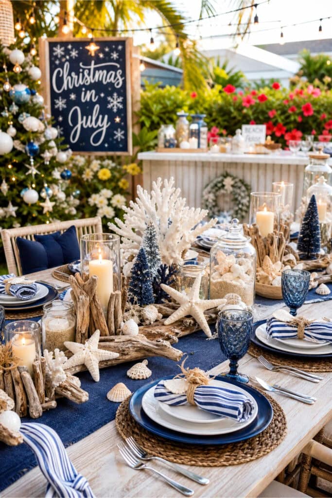 A Christmas in July party scene with a Coastal Christmas decorated table featuring navy, white, driftwood, and seashell accents situated in a backyard