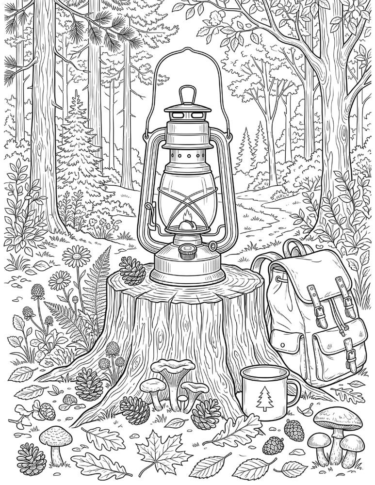 Cozy camping lantern coloring page featuring a vintage lantern surrounded by woodland details.