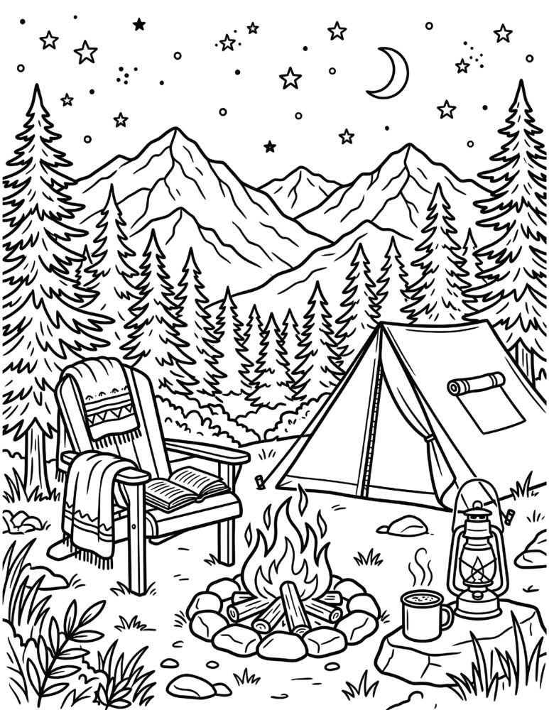 Cozy camping coloring page with a chair, open book, hot cocoa, lantern, and campfire under the stars.