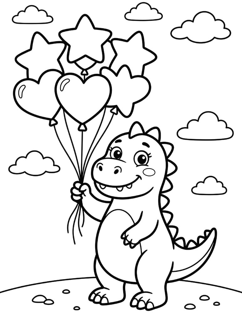 Cute dinosaur holding a bunch of balloons coloring page.