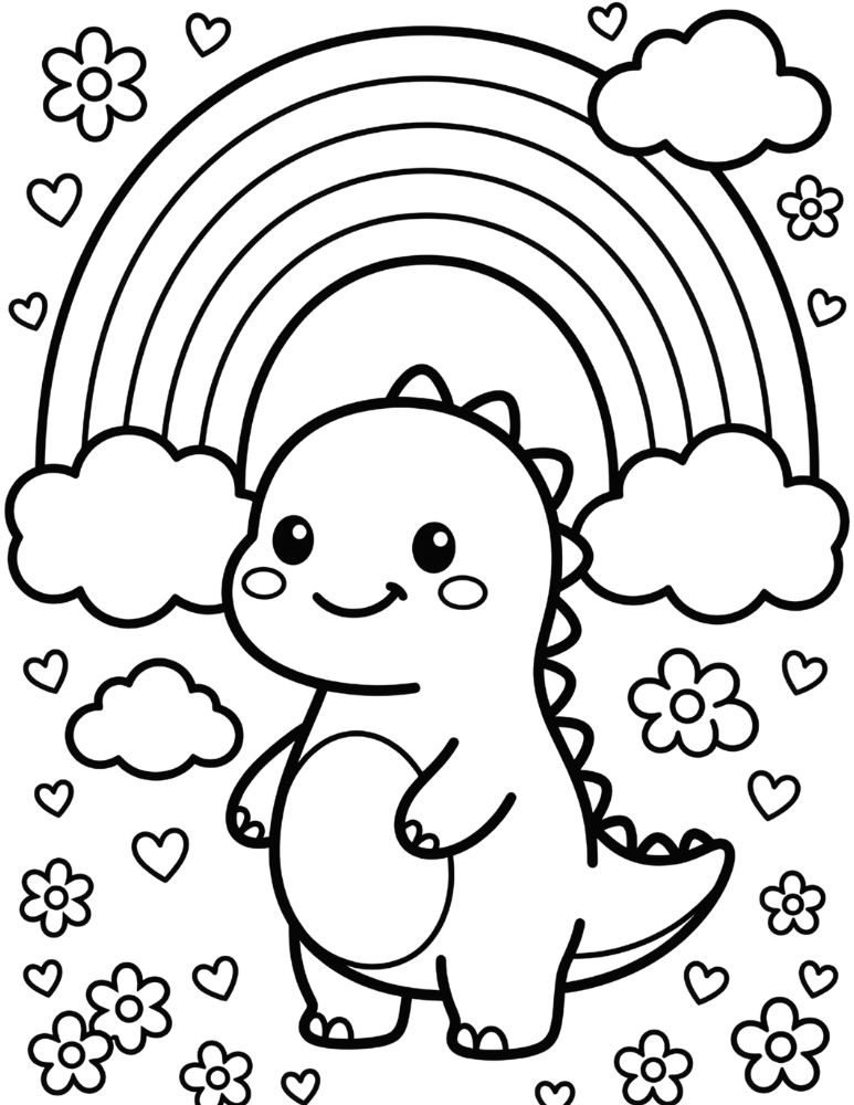 Cute dinosaur standing beneath a rainbow coloring page.
