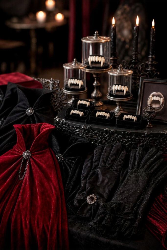 A table set with vampire costume cloaks, gloves, and containers holding fake vampire fangs for a party.