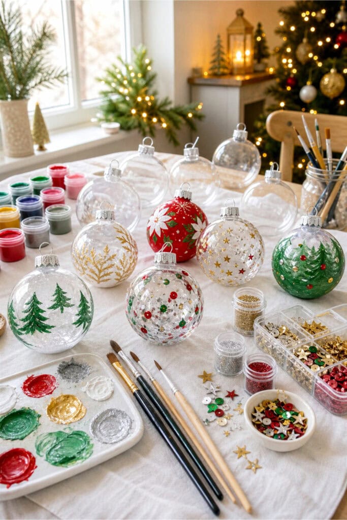 A table set up with clear plastic Christmas ornaments, paint, brushes, and glitter for a DIY ornament painting activity.