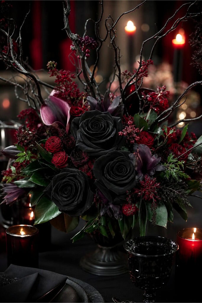 A dark floral centerpiece with black roses and dark red flowers on a black tablecloth, softly lit with candles.