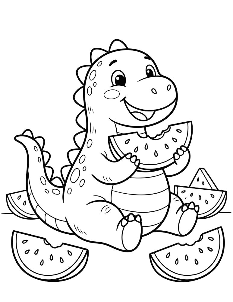 Cute dinosaur eating a slice of watermelon coloring page.