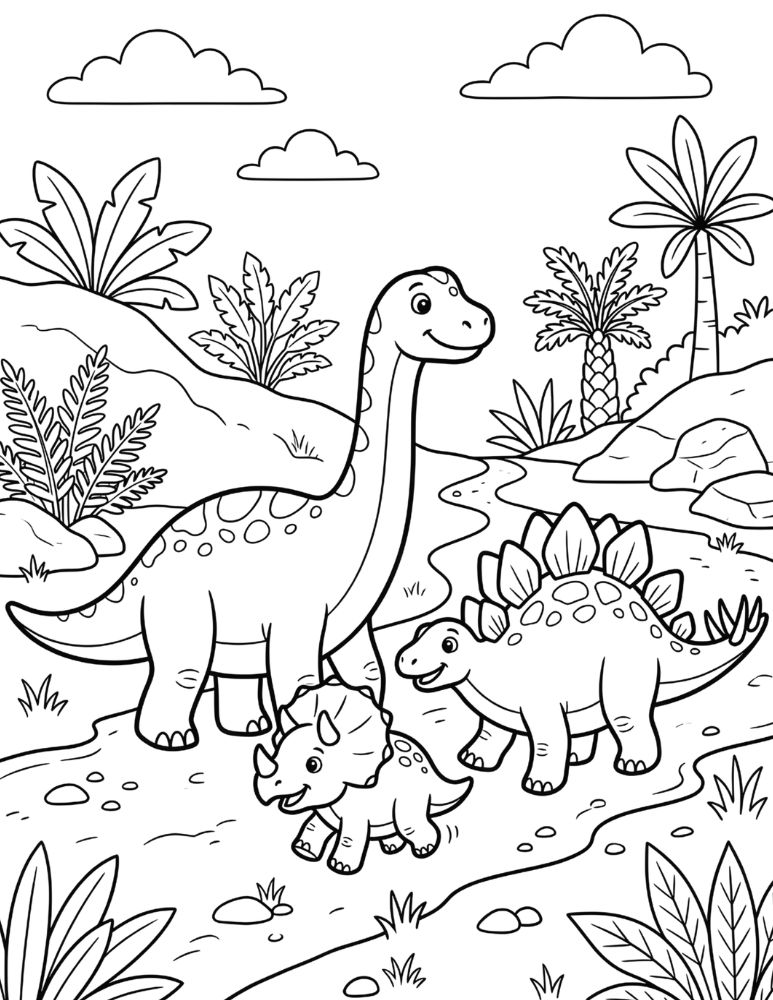 Cute dinosaur family walking together coloring page.