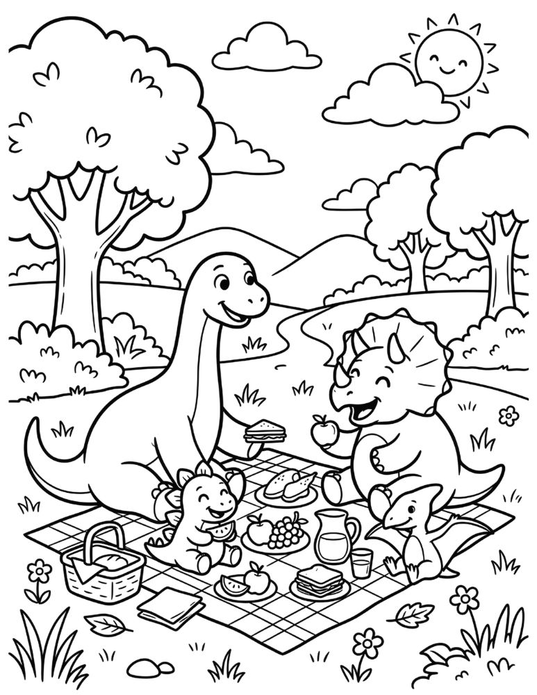 Dinosaur family enjoying a picnic together coloring page.