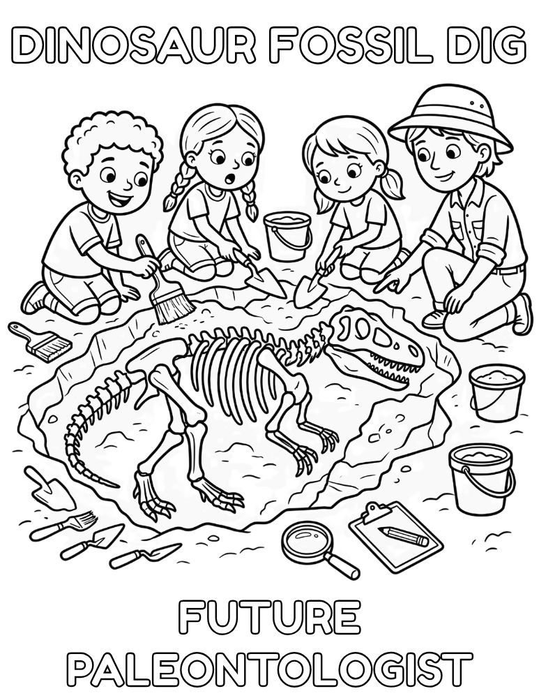 Children discovering dinosaur fossils during an excavation coloring page.