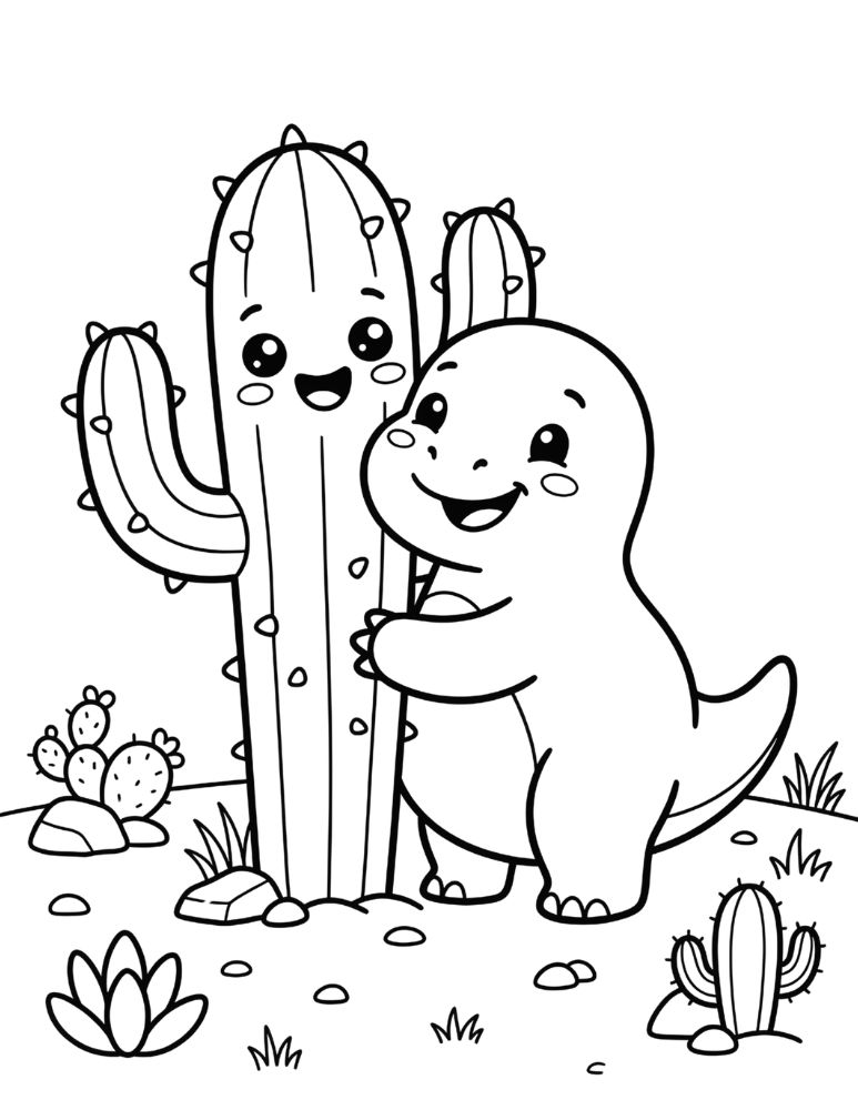 Cute dinosaur hugging a smiling cactus coloring page.