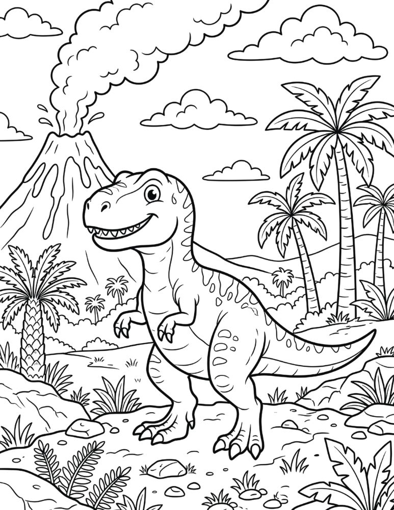 Dinosaur standing in front of a volcano and prehistoric landscape coloring page.