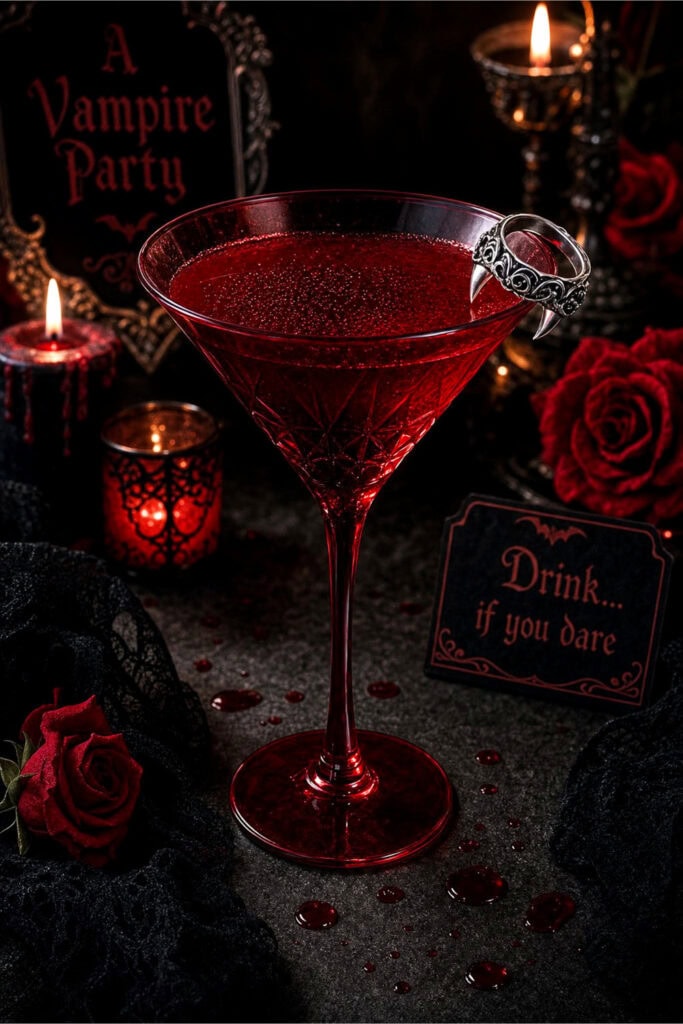 A deep red martini glass garnished with a vampire fang ring surrounded by Halloween decorations on a dark surface.