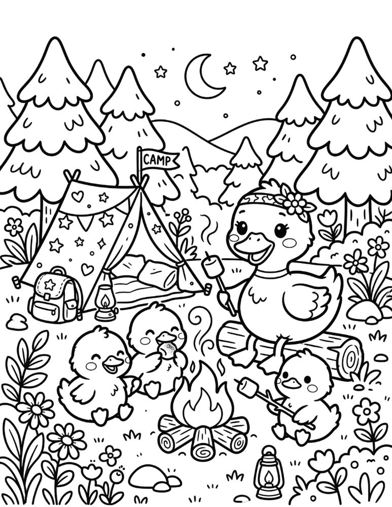 Duck family camping coloring page with a mama duck and three ducklings beside a tent and campfire.