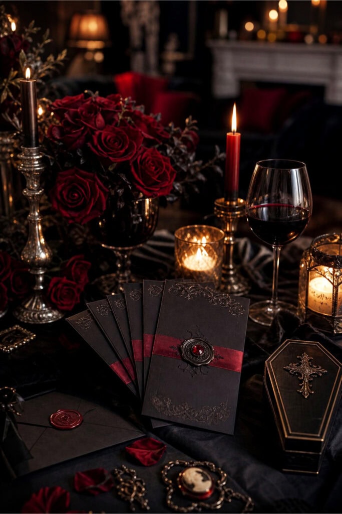 A table set with personalized vampire-themed party invitations, surrounded by candles, red roses, and vampire-inspired decorations in a cozy room.