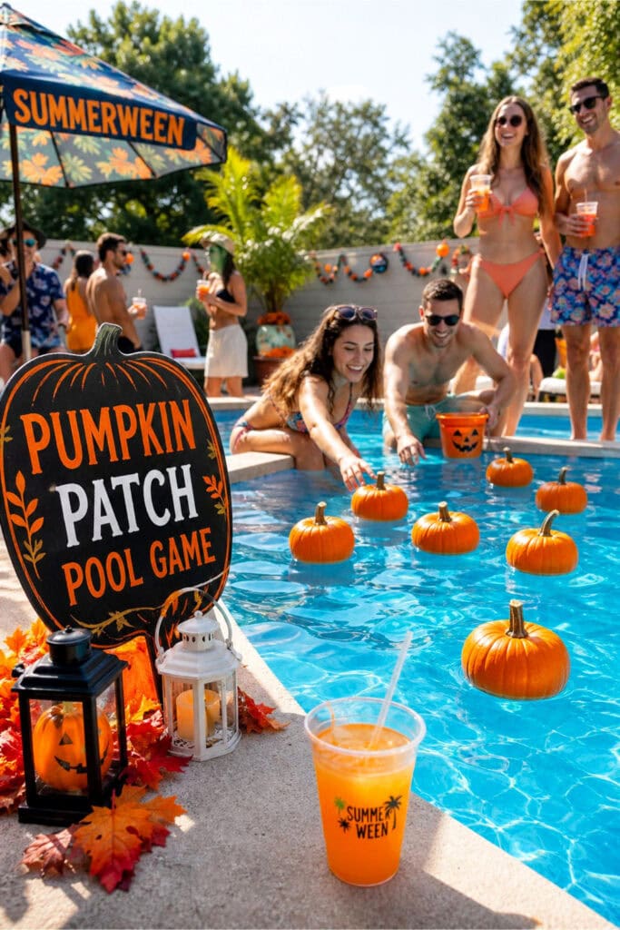A swimming pool with orange pumpkins floating on the water and people enjoying a summer pool party outdoors.