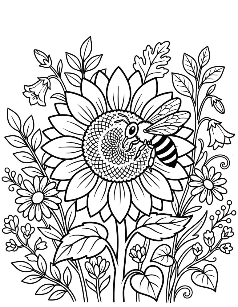 Flower and bee coloring page showing a honey bee collecting nectar from a sunflower.