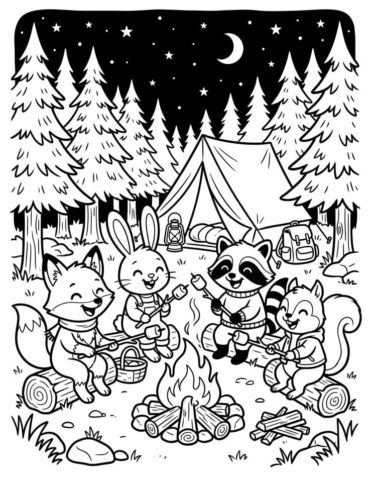 Forest animals camping coloring page with a fox, bunny, raccoon, and squirrel gathered around a campfire.