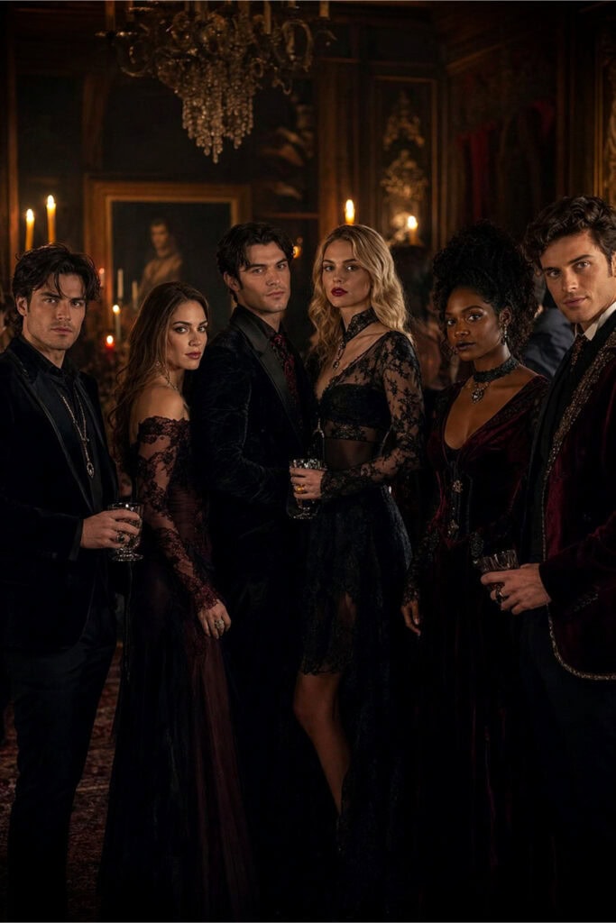 A cinematic vampire-themed formal gathering inspired by a Southern gothic ball. A group of stylish guests stands together in a softly lit, Salvatore Boarding House-inspired aesthetic interior. Everyone is dressed in a coordinated dress code of black, burgundy, and lace outfits—flowing velvet gowns, lace-sleeved dresses, tailored dark suits, and subtle vintage-inspired formalwear. The aesthetic is sophisticated rather than costume-like, evoking a Mystic Falls founders’ party atmosphere. 
