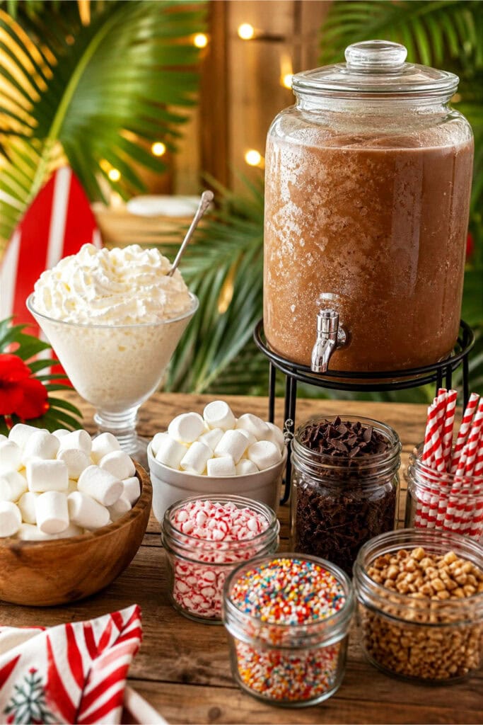 A frozen hot chocolate bar with marshmallows, whipped cream, and various toppings arranged on a wooden table with summer decorations in the background.