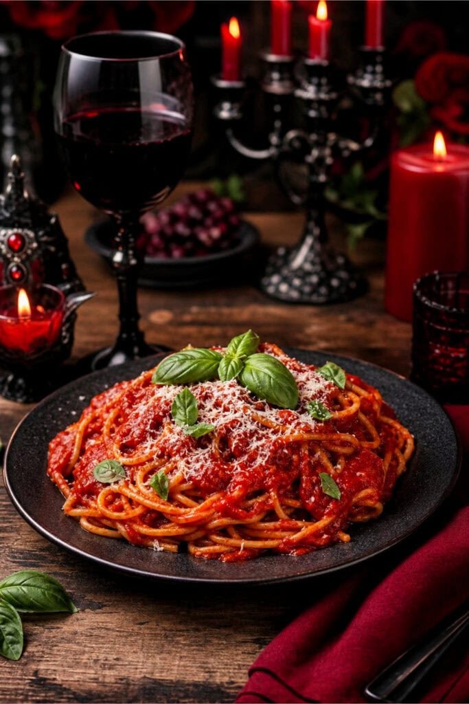 A plate of pasta with dark red sauce garnished with basil and cheese on a wooden table with candles and a wine glass in the background.