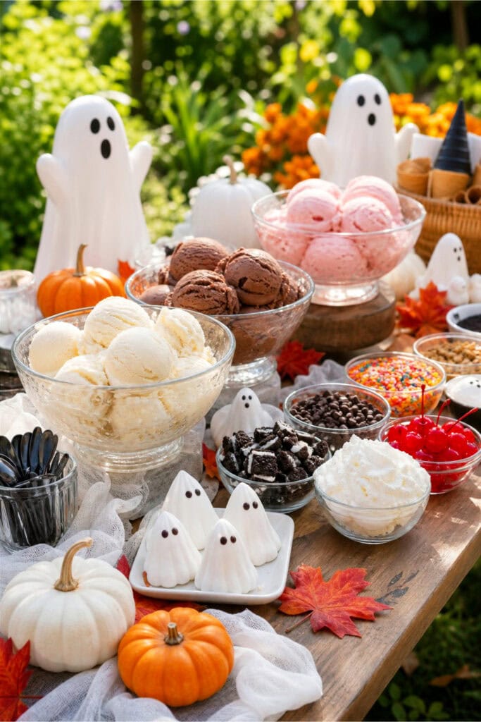 An outdoor table set up with ice cream bowls, Halloween decorations including ghost figurines and pumpkins, and various sundae toppings for a summer party.