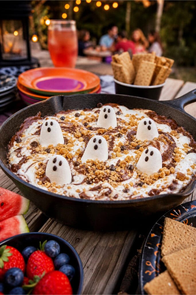 A cast iron skillet filled with creamy S'Mores dip topped with ghost-shaped marshmallows and graham cracker crumbs on a wooden table surrounded by summer party decorations.