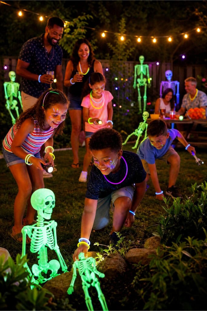 People enjoying a summer evening outdoor party playing a glow-in-the-dark skeleton scavenger hunt surrounded by glowing decorations and warm lights.