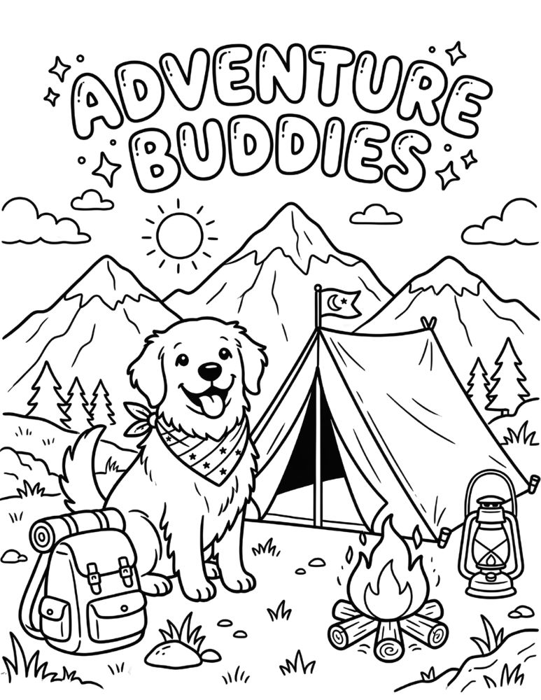 Golden retriever camping coloring page with a dog wearing a bandana beside a tent and campfire.