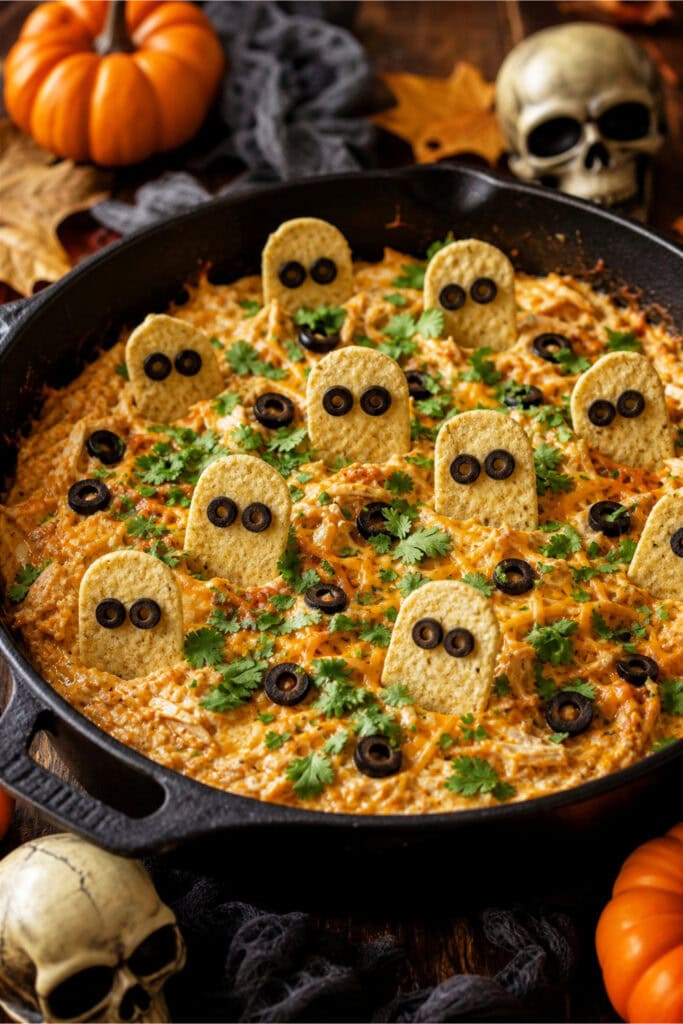 A skillet filled with creamy chicken enchilada dip topped with tortilla chip tombstones and black olive eyes, surrounded by small pumpkins and autumn decorations on a wooden table.