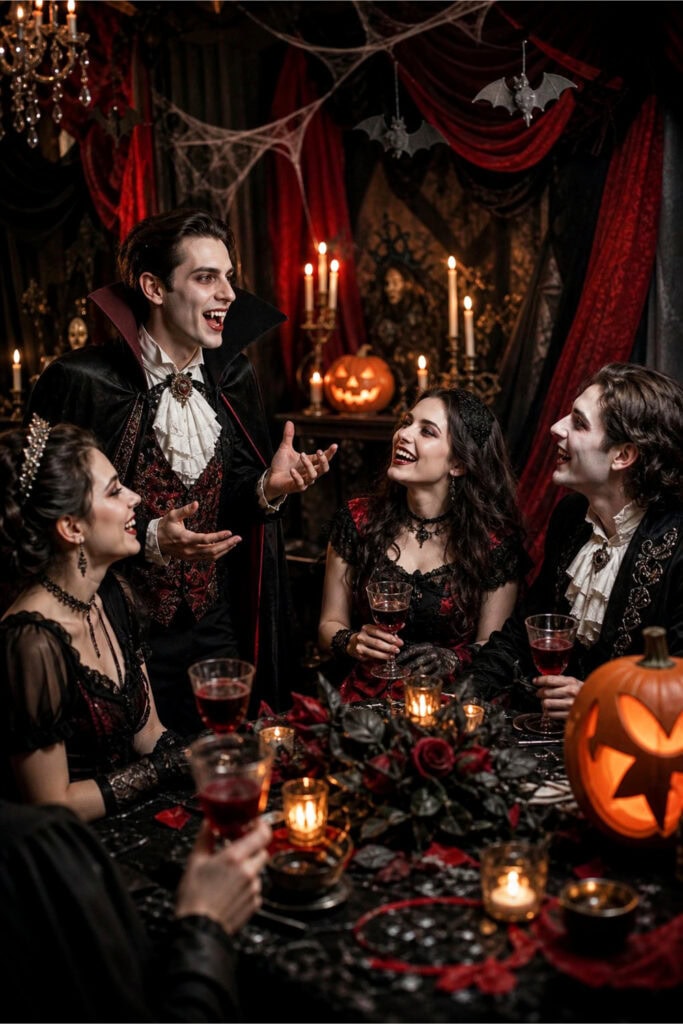People dressed as vampires enjoying a lively party with gothic decorations and candlelight, engaging in a group conversation around a table.