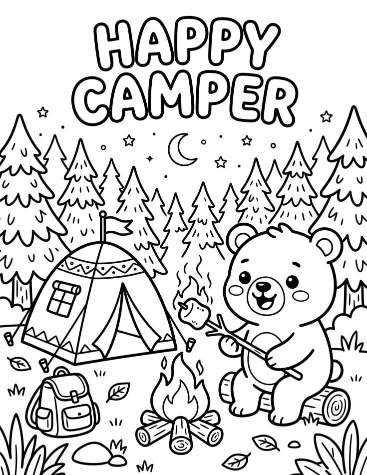 Happy Camper bear coloring page featuring a cute bear roasting a marshmallow beside a camping tent and campfire.