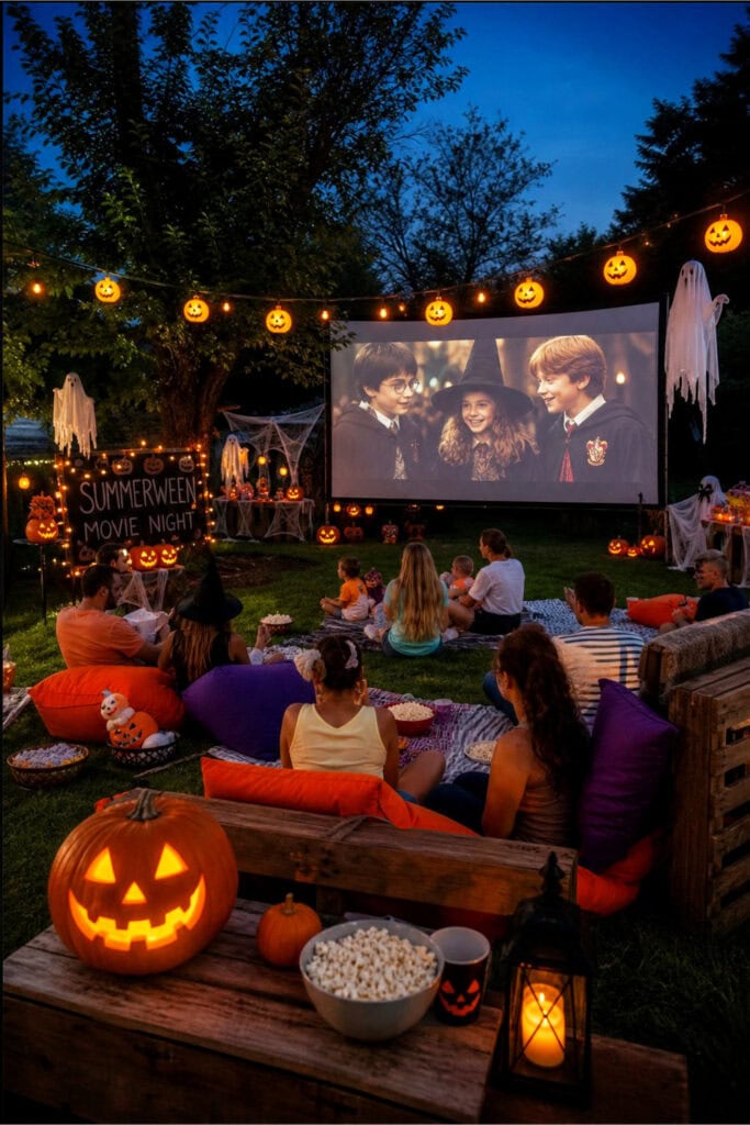An outdoor movie night with a large screen showing a Halloween-themed movie, surrounded by people sitting on blankets and benches, with pumpkin decorations and string lights overhead.