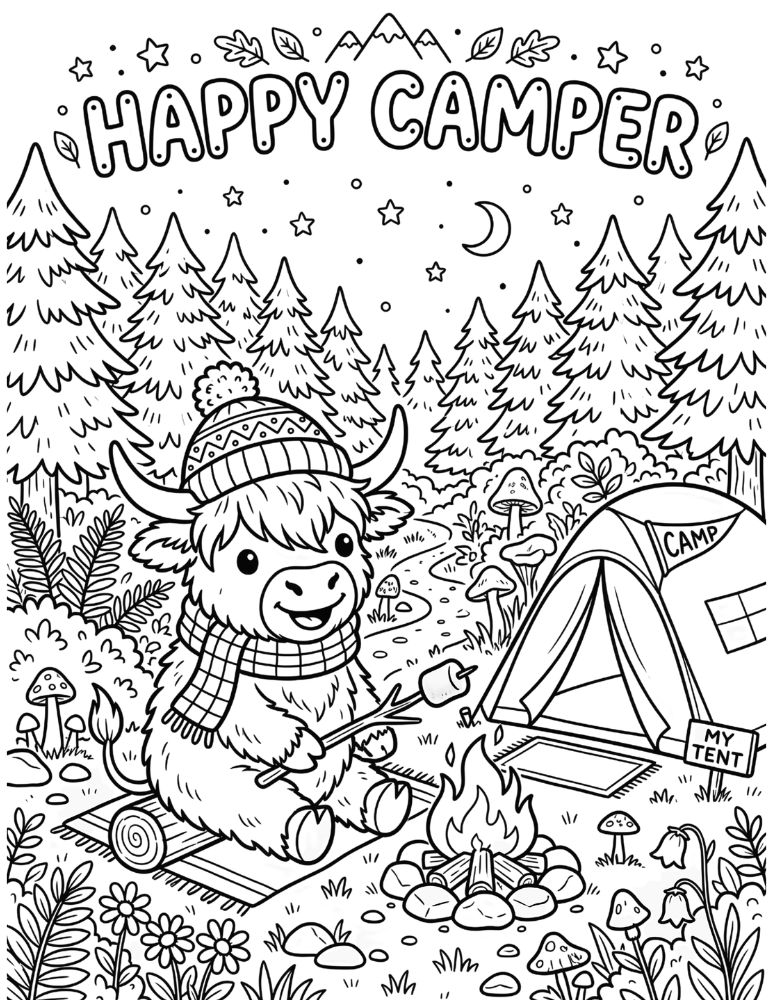 Highland cow camping coloring page featuring a fluffy cow roasting a marshmallow beside a tent and campfire.