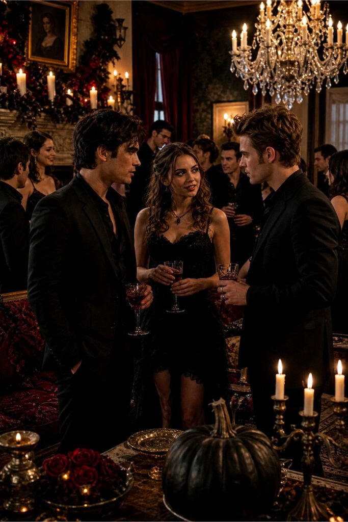 A group of young adults enjoying a stylish indoor party with dark and elegant decorations and warm lighting.