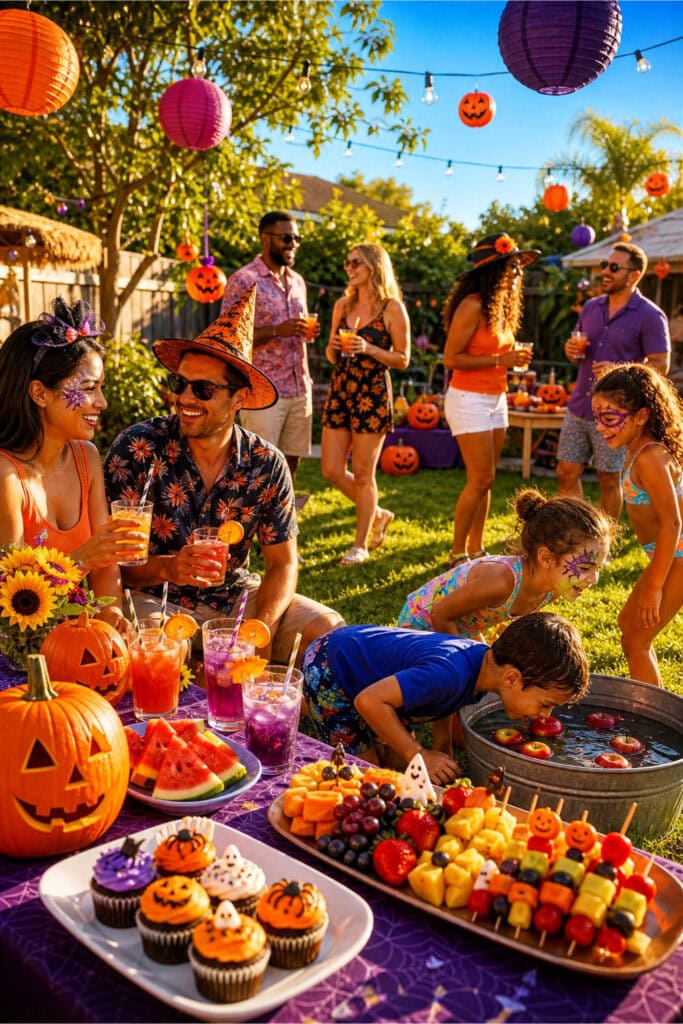 A group of people enjoying a colorful outdoor summer party with Halloween-themed decorations and treats in a backyard.