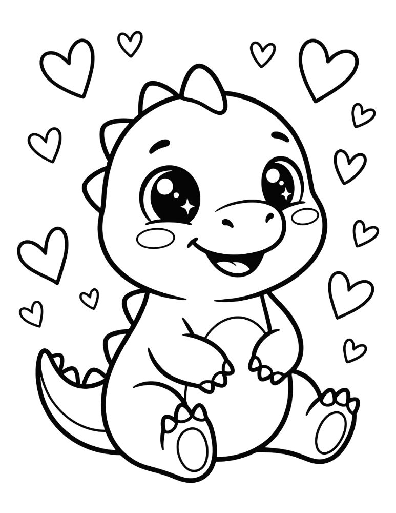 Kawaii baby dinosaur surrounded by hearts coloring page.