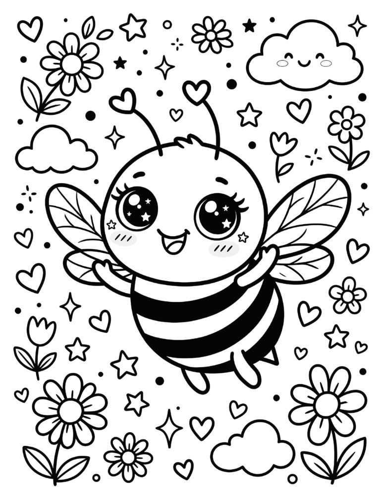 Kawaii bee coloring page featuring a cute smiling bee surrounded by hearts, stars, and flowers.